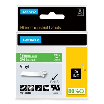 Dymo Rhino industri vinyl tape 19mmx5,5m rulle hvid på grøn selvklæbende 1805420