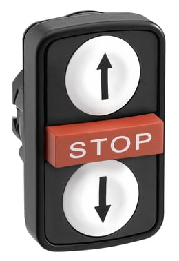 Harmony triple push button head in plastic with a black arrow on white surface (down) + STOP in red + a black arrow on white surface (up), ZB5AA71114 ZB5AA71114