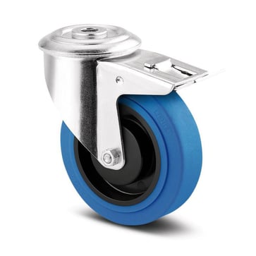 Tente Drejeligt hjul m/ bremse, blå gummi Supratech, Ø100 mm, 125 kg, DIN-kugleleje, med bolthul Byggehøjde: 128 mm. Driftstemperatur:  -20°/+60° 113477451