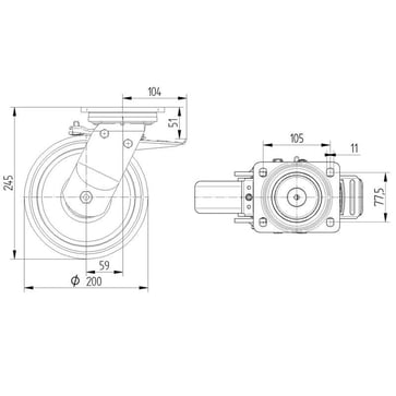 Swivel wheel w/ brake, polyamide, Ø200 mm, 1000 kg, precision ball bearing, with plate 119682035