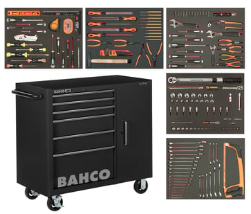 Bahco værktøjsvogn C75 sort m/6 skuffer + side kabinet 189 dele 1475KXL6CBK-FF6