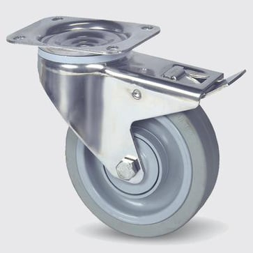 Drejeligt hjul m/ bremse, grå elastisk gummi, Ø160 mm, 300 kg, DIN-kugleleje og tætning, med plade Rustfri Byggehøjde: 200 mm. Driftstemperatur:  -20°/+80° 00035533