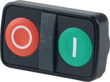 Harmony dobbelt trykknaphoved i sort metal med et hvidt "I" på en plan grøn flade og et hvidt "O" på en rød ophøjet flade ZB4BL73417