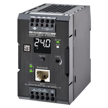 Bogtype strømforsyning, 120 W, 24VDC, 5A, DIN-skinne montage, push-in terminal, Coated, display, Ethernet IP/Modbus TCP kompatibilitet S8VK-X12024A-EIP 680585