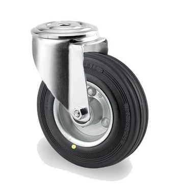 Tente Drejeligt hjul, sort massiv gummi, elektrisk ledende, Ø125 mm, 100 kg, rulleleje, med bolthul Byggehøjde: 155 mm. Driftstemperatur:  -20°/+60° 113470203A