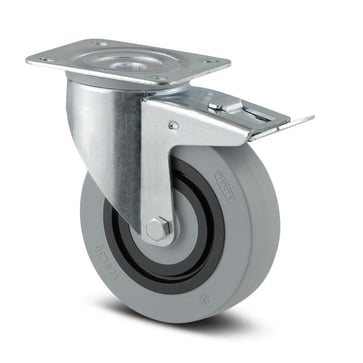 Tente Drejeligt hjul m/ bremse, grå støjsvag gummi, Ø100 mm, 160 kg, rulleleje, med plade Byggehøjde: 128 mm. Driftstemperatur:  -20°/+60° 00032562