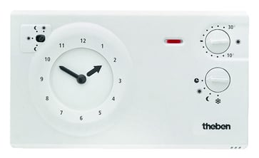 Analogue clock thermostat with a low profile design for time-dependent monitoring and control of room temperature. RAMSES 722