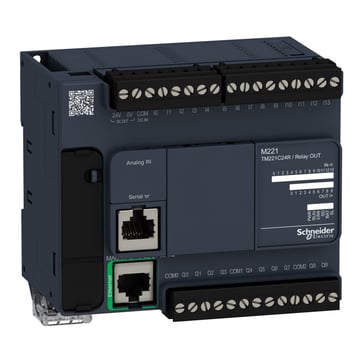 TM221 PLC Kommunikation Modbus, Indgange 14, Analogindgange 2 (0-10V), Udgange 10 relæ, forsyning 110-230 V AC TM221C24R