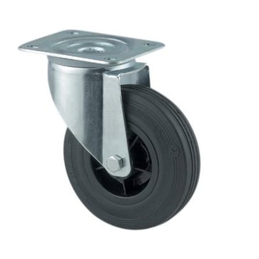 Drejeligt hjul, sort massiv gummi, Ø200 mm, 200 kg, rulleleje, med plade  Byggehøjde: 240 mm. Driftstemperatur:  -20°/+60° 00036925