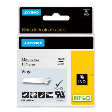 DYMO Rhino industri tape vinyl tape 24mmx5,5m rulle sort på hvid selvklæbende 1805430