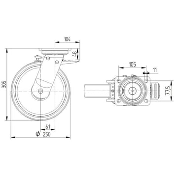 Swivel wheel w/ brake, polyurethane, Ø250 mm, 1200 kg, precision ball bearing, with plate 00801671