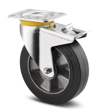 Tente Drejeligt hjul m/ bremse, sort elastisk gummi, Ø125 mm, 300 kg, DIN-kugleleje, med plade Byggehøjde: 164 mm. Driftstemperatur:  -20°/+85° 00004235