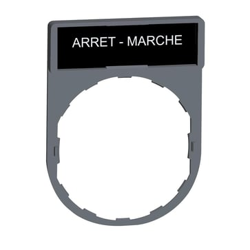 Harmony legend holder in color plated grey 30x40 mm for Ø22 mm pushbuttons with an 8x27 mm legend with the text "ARRET-MARCHE" ZBY2166C0