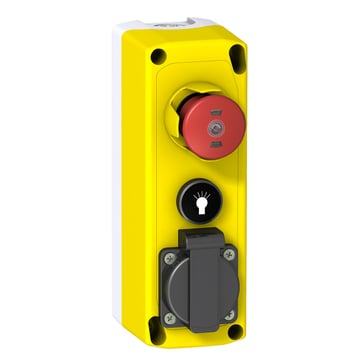 Trykknapkasse komplet i lysegrå med gult låg der indeholder nødstop, trykknap med mærkning og 230V udtag XALFK2001E
