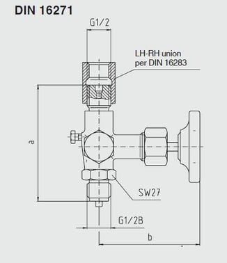 Shut-off valves 910.11 Steel DIN 16271 Form A G1/2 Female (LH-RH Union) - Male, Test connection Female M20x1,5 9090983