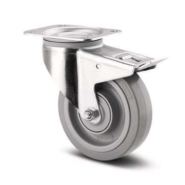 Tente Drejeligt hjul m/ bremse, grå elastisk gummi, Ø125 mm, 250 kg, DIN-kugleleje, med plade Byggehøjde: 155 mm. Driftstemperatur:  -20°/+80° 00006374