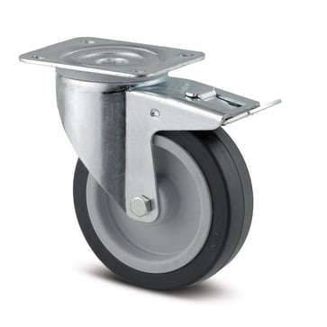 Tente Drejeligt hjul m/ bremse, sort elastisk gummi, Ø100 mm, 160 kg, rulleleje, med plade Byggehøjde: 128 mm. Driftstemperatur:  -20°/+80° 00002150