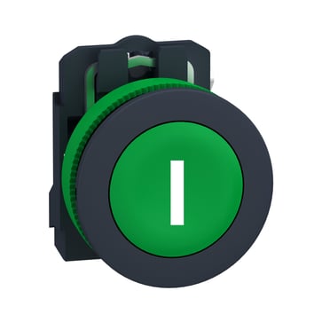 Harmony flush trykknap komplet med fjeder-retur og plan trykflade i grøn farve med hvidt "I" 1xNO, XB5FA3311 XB5FA3311