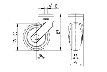 Tente Drejeligt hjul, LEVINA, grå gummi, Ø100 mm, 100 kg, DIN-kugleleje, med bolthul, RAL7001 Rustfri Byggehøjde: 137 mm. Driftstemperatur:  -10°/+40° 00036308