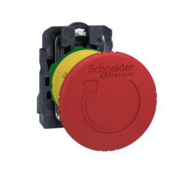 Harmony nødstop komplet med Ø40 mm paddehoved i rød farve med tryk/drej funktion og 1xNC med overvågning (monitoring contact) XB5AS8446