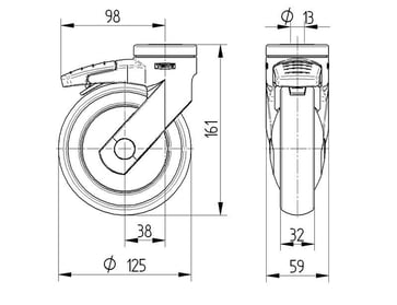 Tente Drejeligt hjul m/ bremse, LEVINA, grå gummi, Ø125 mm, 100 kg, DIN-kugleleje, med bolthul RAL7001 Rustfri Byggehøjde: 161 mm. Driftstemperatur:  -10°/+40° 00036052