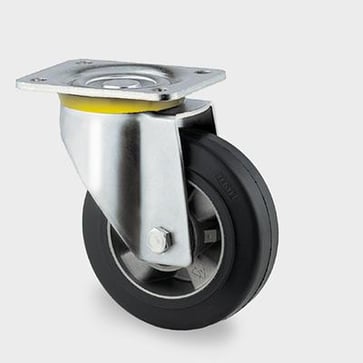 Drejeligt hjul, sort elastisk gummi, Ø200 mm, 450 kg, DIN-kugleleje, med plade Byggehøjde: 240 mm. Driftstemperatur:  -20°/+85° 00004231