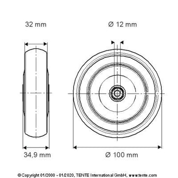 Tente Løs hjul, grå gummi, Ø100x32 mm, Ø12,3xNL26,5 glideleje, 100 kg Byggehøjde: 100 mm. Driftstemperatur:  -20°/+60° 10012562