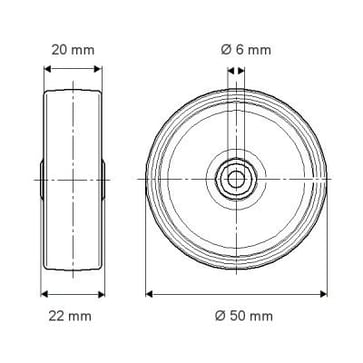 Tente Løs hjul, polyuretan, Ø50x20 mm, Ø6,2xNL22, konusleje, Byggehøjde: 50 mm. Driftstemperatur:  -40°/+80° 00008698