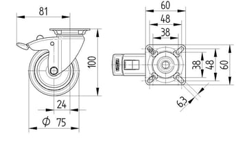 Tente Drejeligt hjul m/ bremse, grå gummi, Ø75 mm, 75 kg, DIN-kugleleje, med plade Rustfri Byggehøjde: 100 mm. Driftstemperatur:  -20°/+60° 00037793