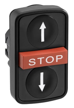 Harmony triple push button head in plastic with a black arrow on white surface (down) + STOP in red + a black arrow on white surface (up), ZB5AA72124 ZB5AA72124