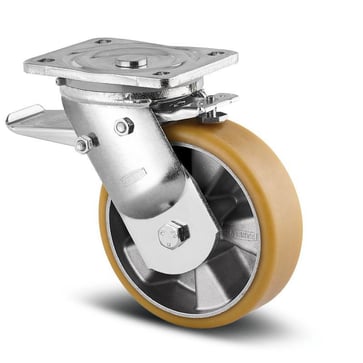 Swivel wheel w/ brake, polyurethane, Ø160 mm, 750 kg, precision ball bearing, with plate 00804604