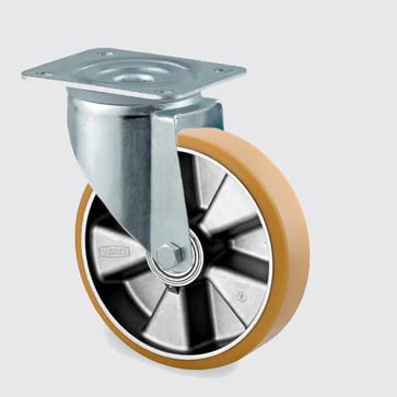 Swivel wheel, polyurethane, flat bane, Ø200 mm, 350 kg, precision ball bearing, with plate 113470025