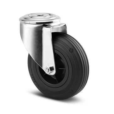 Tente Drejeligt hjul, sort massiv gummi, Ø125 mm, 100 kg, rulleleje, med bolthul Byggehøjde: 155 mm. Driftstemperatur:  -20°/+60° 113470252