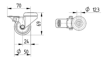 Tente Drejeligt hjul m/ hjulbremse, grå gummi, Ø50 mm, 50 kg, glideleje, med bolthul Rustfri Byggehøjde: 69 mm. Driftstemperatur:  -20°/+60° 00036674