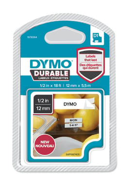 DYMO D1 Durable 12 mm x 5.5 M. Sort/Hvid 1978364