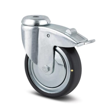 Tente Drejeligt hjul med bremse, elektrisk ledende (ESD), gummi, 75 mm, 55 kg, konuskugleleje, med bolthul Byggehøjde: 100 mm. Driftstemperatur:  -20°/+85° 00004957