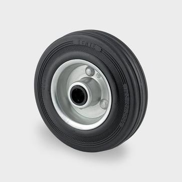 Løs hjul, sort massiv gummi, Ø125x37 mm, Ø12xNL44,4, rulleleje stålfælg, 100 kg Byggehøjde: 125 mm. Driftstemperatur:  -20°/+60° 10001285
