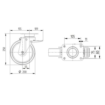 Swivel wheel w/ brake, grey rubber, Ø200 mm, precision ball bearing, with plate 00833701