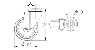 Tente Drejeligt hjul, grå gummi, Ø100 mm, 100 kg, DIN-kugleleje, med bolthul Rustfri Byggehøjde: 135 mm. Driftstemperatur:  -20°/+60° 00036337