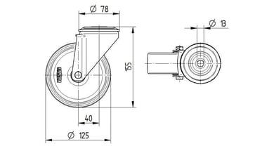 Tente Drejeligt hjul, sort massiv gummi, Ø125 mm, 100 kg, rulleleje, med bolthul Byggehøjde: 155 mm. Driftstemperatur:  -20°/+60° 113470252