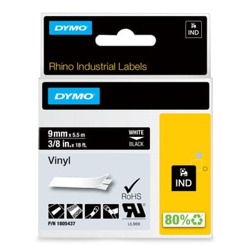 Dymo Rhino industri vinyl tape 24mmx5,5m rulle hvid på sort selvklæbende 1805437