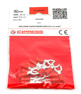 Pre-insulated fork terminal A1553G, 0.5-1.5mm² M5, Red - In bags of 15 pcs. 7278-270803