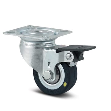 Tente Drejeligt hjul med bremse, elektrisk ledende (ESD), gummi, 50 mm, 40 kg, konuskugleleje, med plade Byggehøjde: 69 mm. Driftstemperatur:  -20°/+85° 112475010A