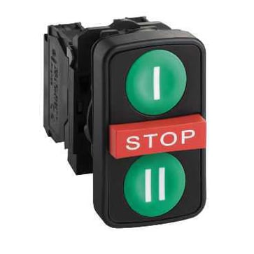Harmony triple push button complete with white "I" on green touch pad + STOP in red + white "II" on green touch pad 1xNO + 1xNC, XB5AA731327 XB5AA731327