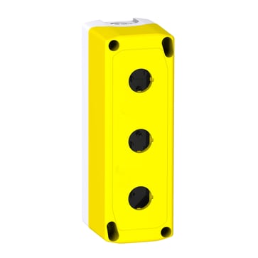 Trykknapkasse tom med 3 huller i lysegrå farve med gult låg for elevatorer, 3 x Ø22mm XALFK03