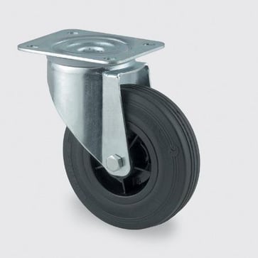 Drejeligt hjul, sort masiv gummi, Ø100 mm, 75 kg, rulleleje, med plade Byggehøjde: 128 mm. Driftstemperatur:  -20°/+60° 00001180