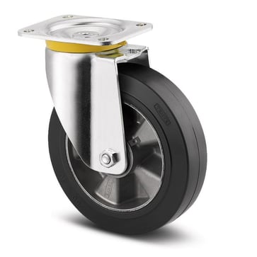 Swivel wheel, black elastic rubber, Ø160 mm, 350 kg, precision ball bearing, with plate 00004230