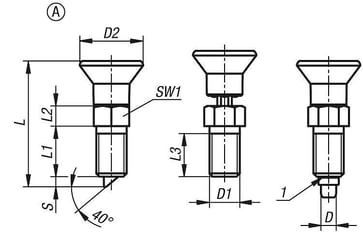 Positioneringsbolt med Quater-turn lås Størrelse: 2 - D1: M12, D: 6, Model: A, Sort,Materiale: TermoPlast, Materiale: Sort K1300.12060