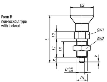Positioneringsbolt Størrelse: 1 - D1: M10x1, D: 5, Model: B med låsemøtrik, hærdet stål, Materiale: TermoPlast, Materiale: sort K0338.2105