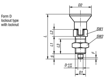 Positioneringsbolt Størrelse: 1 - D1: M10x1, D: 5, Model: D med låsemøtrik, hærdet stål, Materiale: TermoPlast, K0338.4105